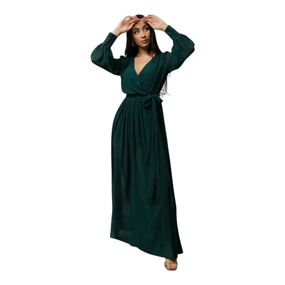 BALTIC BORN Celine Maxi Dress Hunter Green Size S Wedding Party Wrap Flowy Slits - Picture 3 of 15